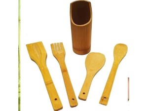 Conjunto com 4 utensilios bambu e base ecológico e durável -  cx143