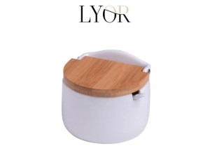 Saleiro de Mesa de Cerâmica c/ Tampa de Bambu e Colher 10x9,5cm – 2441 